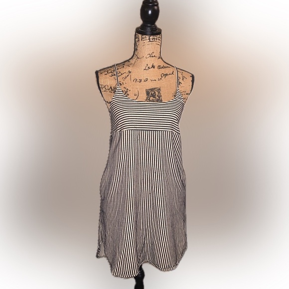 Madewell Striped Black Cream Shift Apron Racerback Casual Dress Pockets Cotton 2 - Picture 6 of 10